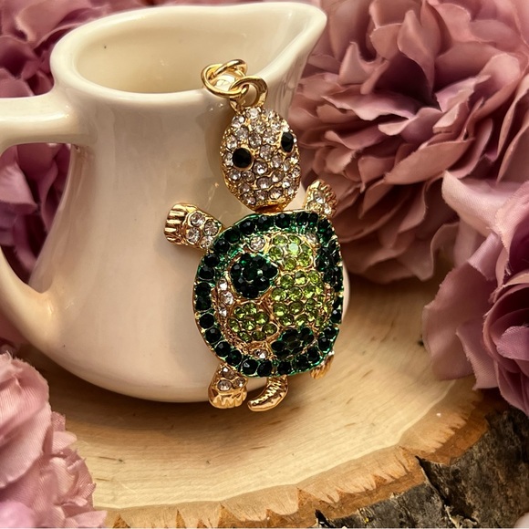 Green and Silver Crystal Turtle Keychain Charm - Picture 3 of 16